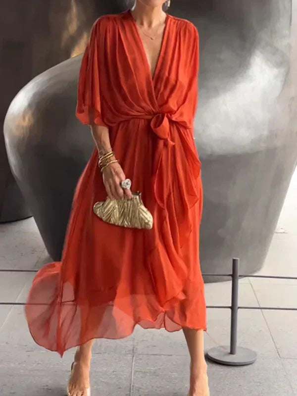 Telanise - V neck chiffon dress